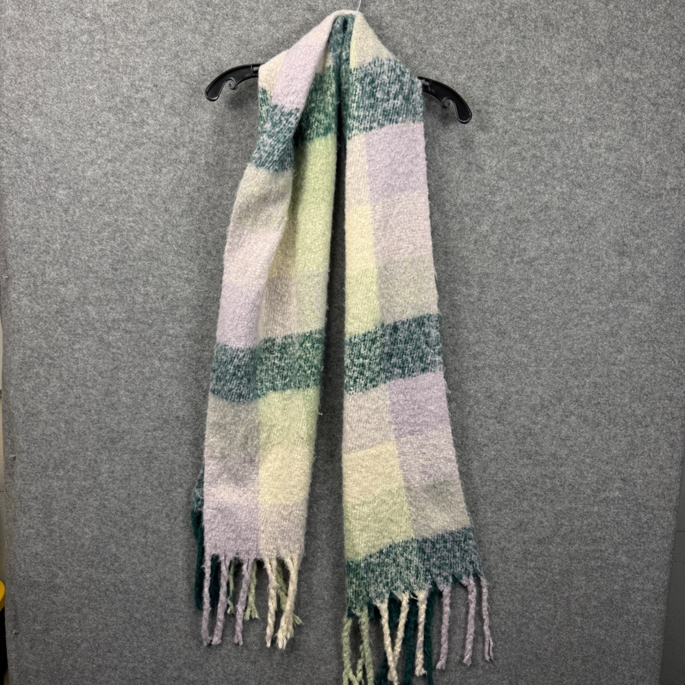 Steve Madden Womens Plaid Scarf Green‎ Purple Fuzzy Oversized Fringe Winter Knit